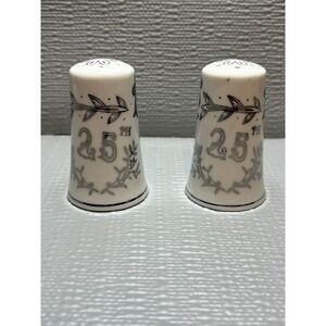 Vintage 25th Wedding Anniversary Salt and Pepper Shakers Silver White Ceramic 3"